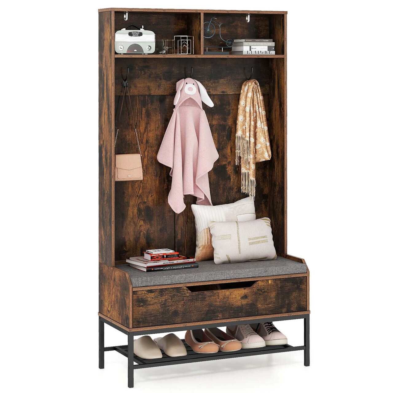 Costway 69" Tall Hall Tree with Seat Cushion Open Compartments Hooks Lift-top Storage White/Black/Rustic Brown